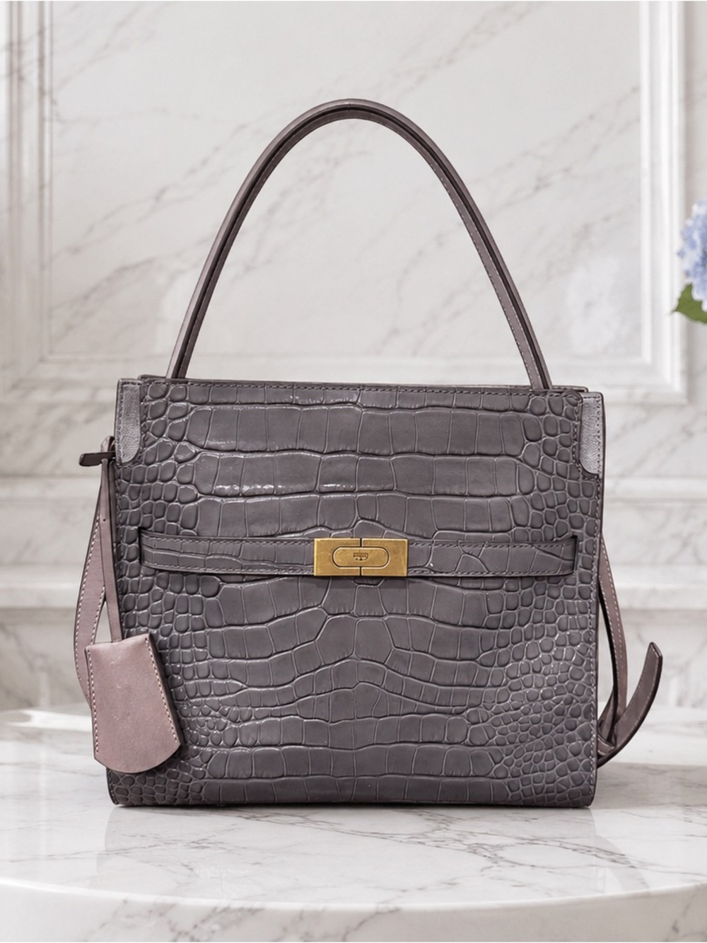 NWT Tory Burch Lee Radziwill Croc-Embossed Leather 2 Way Bag in Mineral Gray